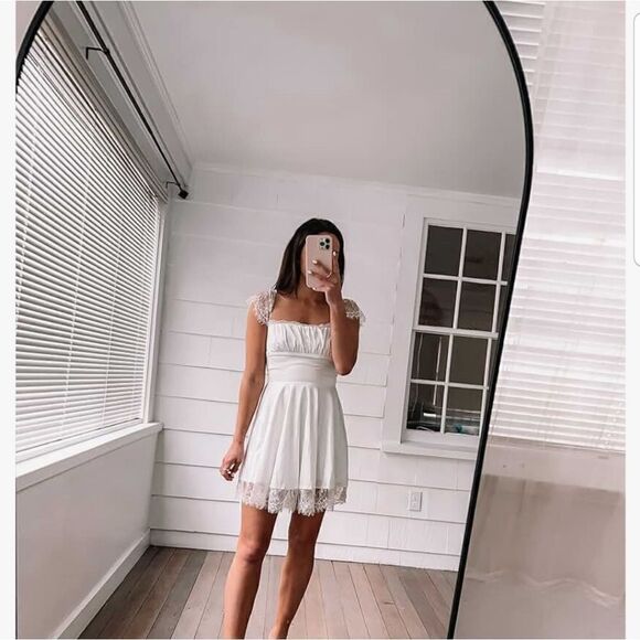 Women's Satin Lace Strap Mini Dress Square Neck Flowy A-Line Ruffle Swing Casual - Picture 14 of 15